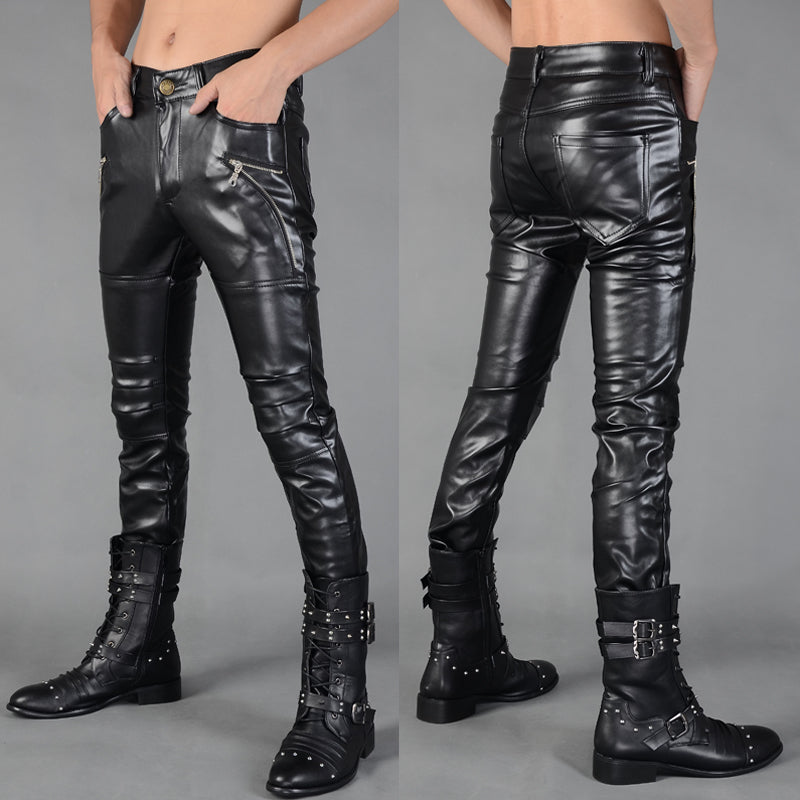 Men's Casual Autumn And Winter Men's Tight-fitting Zipper Stitching Leather Pants