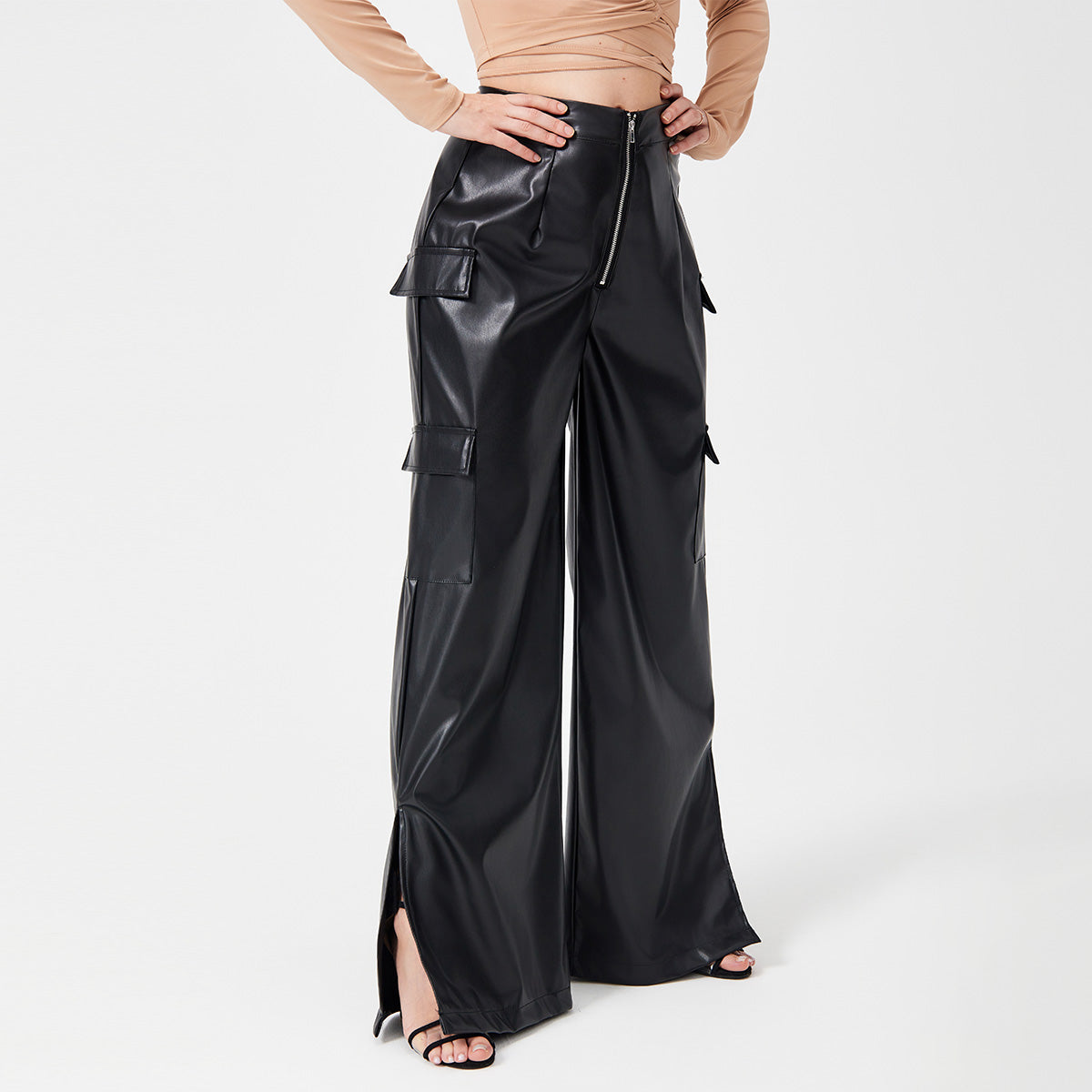 Fashion PU Trousers Metal Zipper Pocket Long Pants