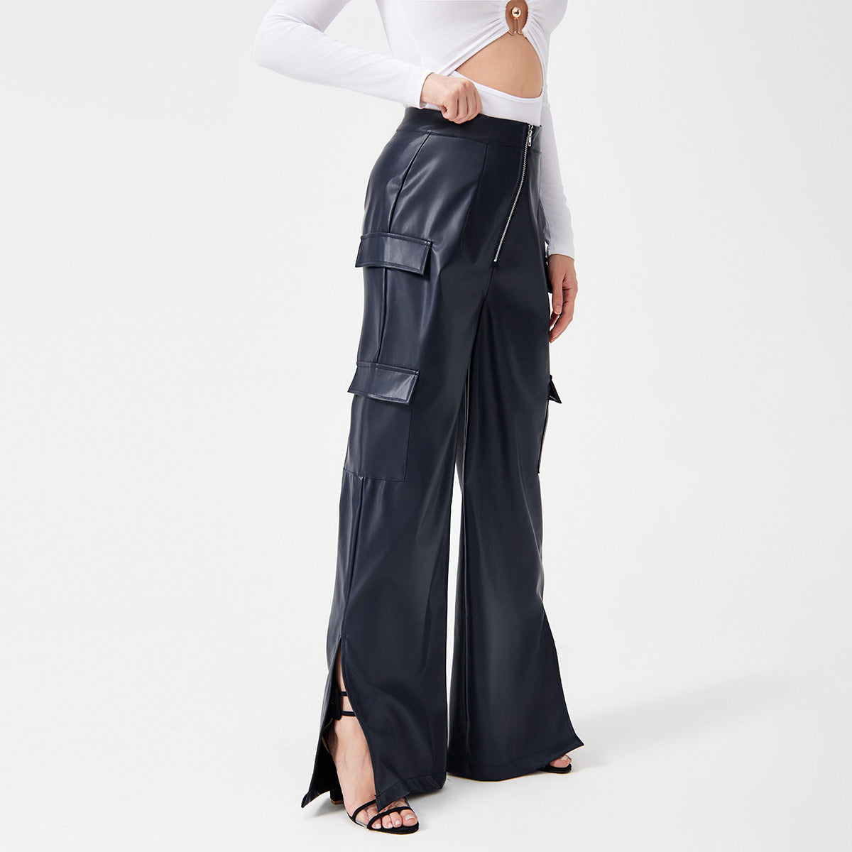 Fashion PU Trousers Metal Zipper Pocket Long Pants