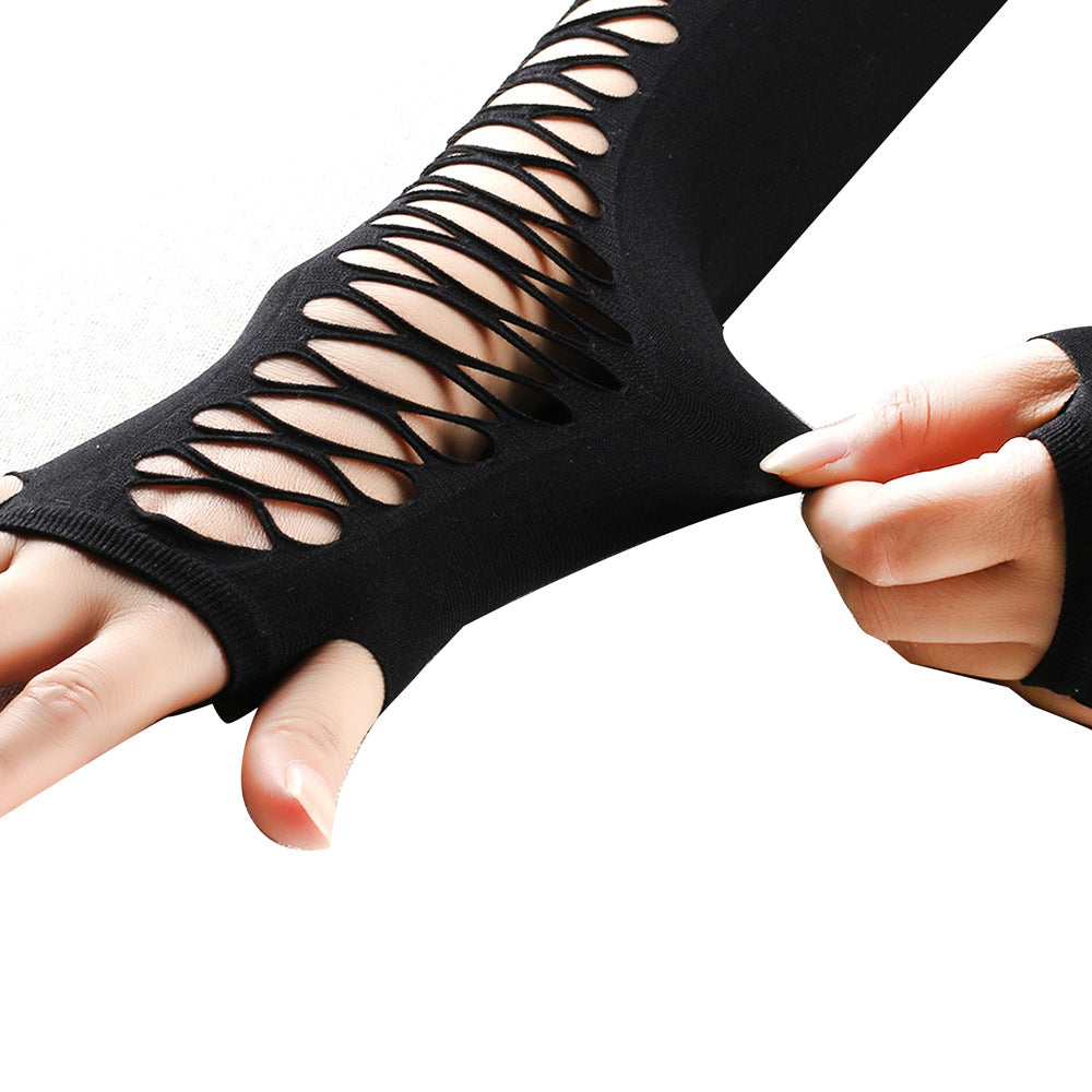 Mid-length Ripped Gloves Hollow Cross Mesh