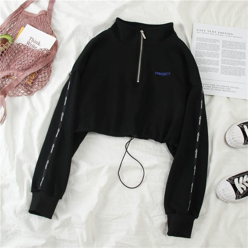 Korean style high waist cropped long sleeve zipper sweater