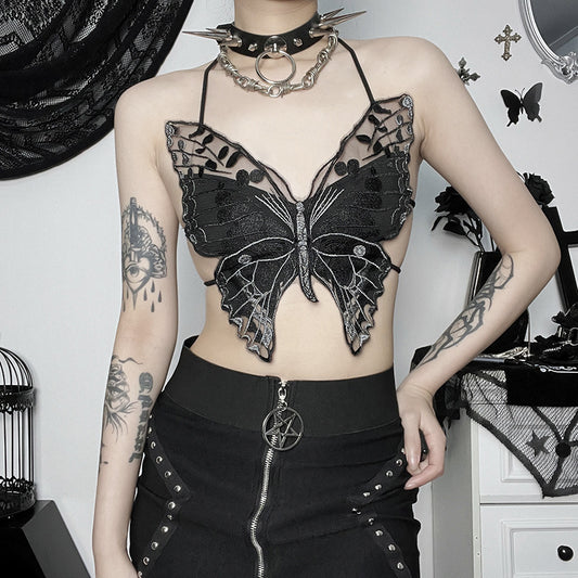 Summer Design Street Dark Butterfly Lace Top With Narrow Straps