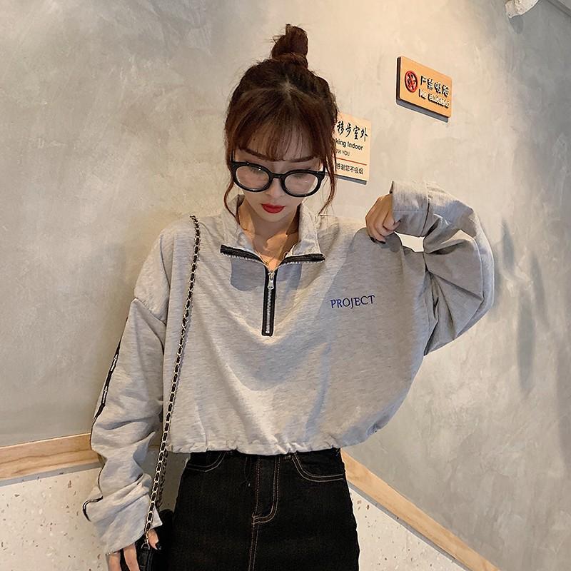 Korean style high waist cropped long sleeve zipper sweater