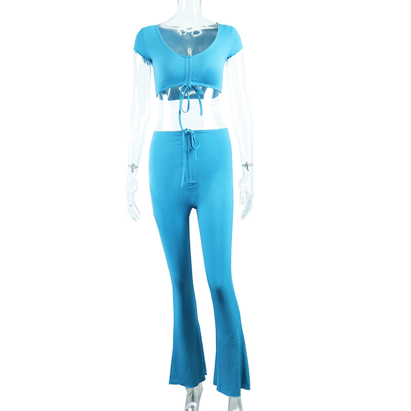 Solid Color V-neck Fungus-trimmed T-shirt Lace-up Pleated Hip-lifting Trousers Suit