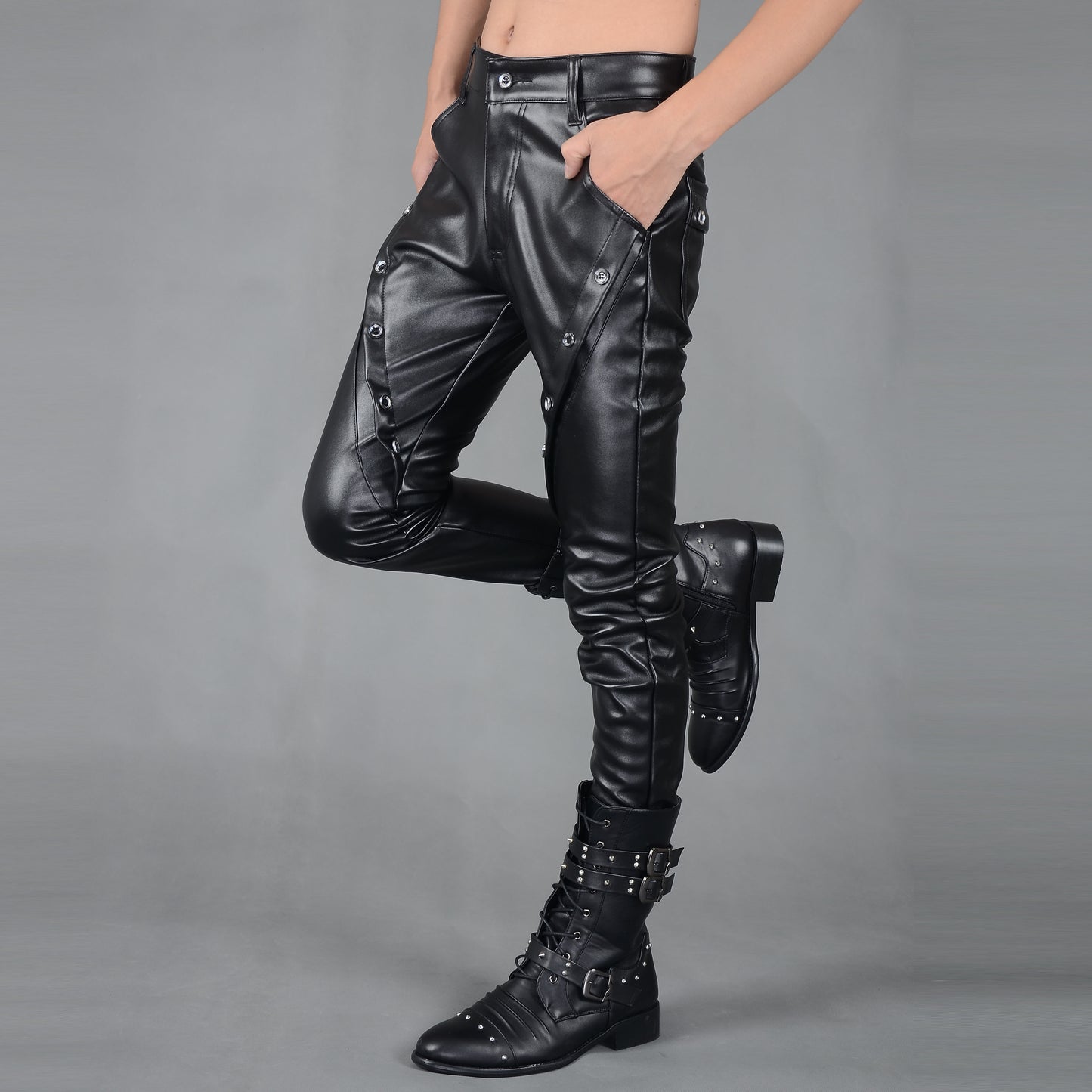 Men's Casual Autumn And Winter Men's Tight-fitting Zipper Stitching Leather Pants