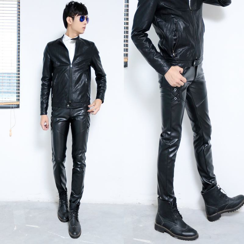 Men's Casual Autumn And Winter Men's Tight-fitting Zipper Stitching Leather Pants