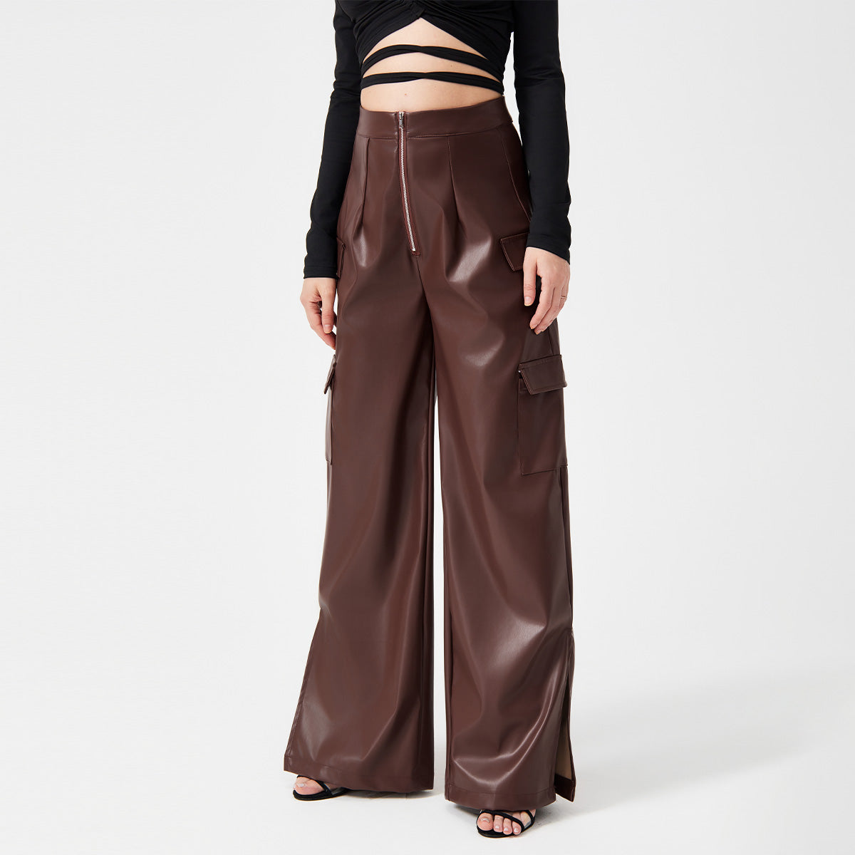 Fashion PU Trousers Metal Zipper Pocket Long Pants