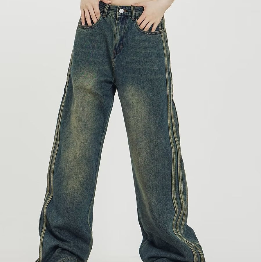 Men's American Style Retro Washed Side Stripes Denim Loose All-matching Trousers