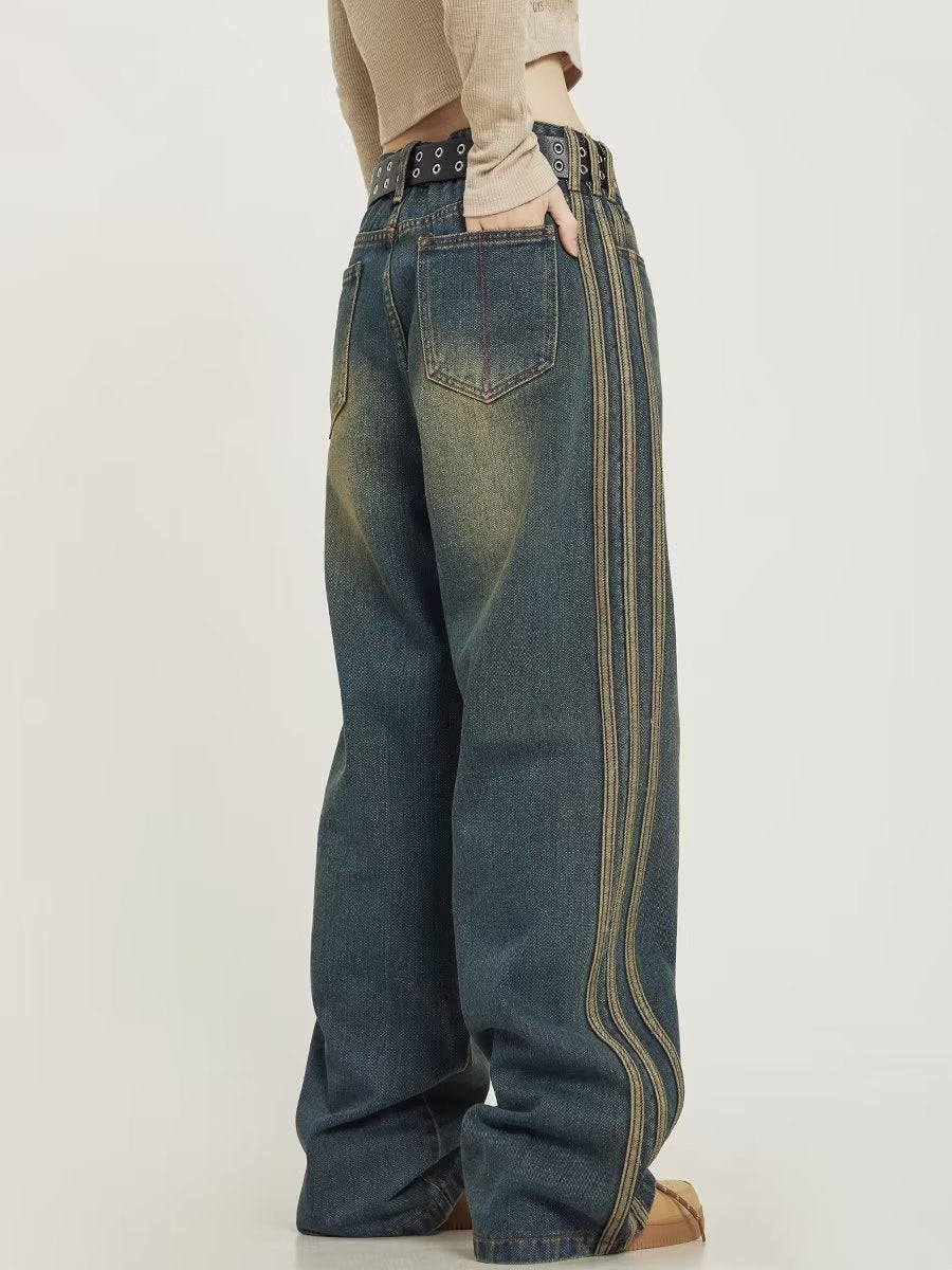 Men's American Style Retro Washed Side Stripes Denim Loose All-matching Trousers