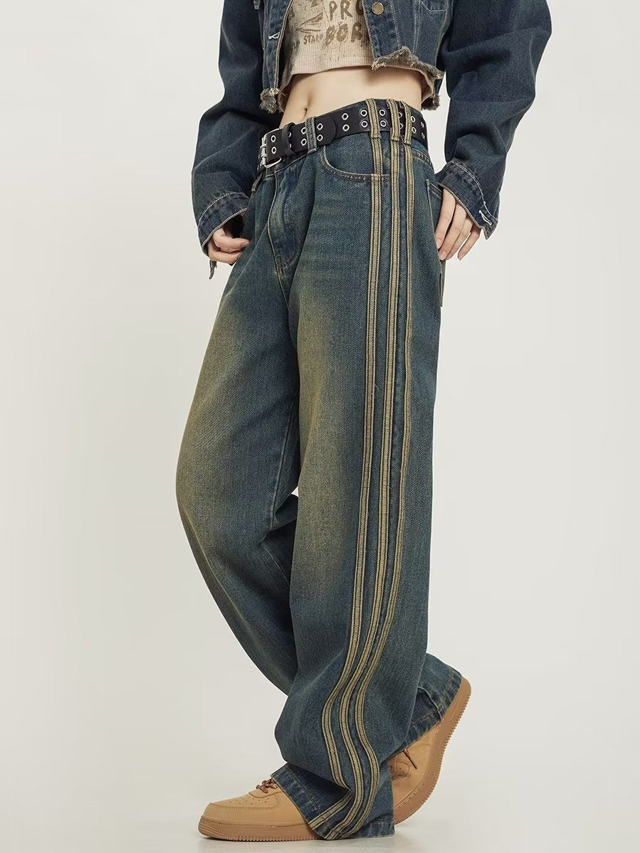 Men's American Style Retro Washed Side Stripes Denim Loose All-matching Trousers