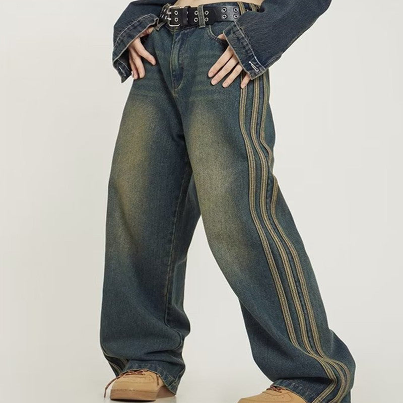 Men's American Style Retro Washed Side Stripes Denim Loose All-matching Trousers