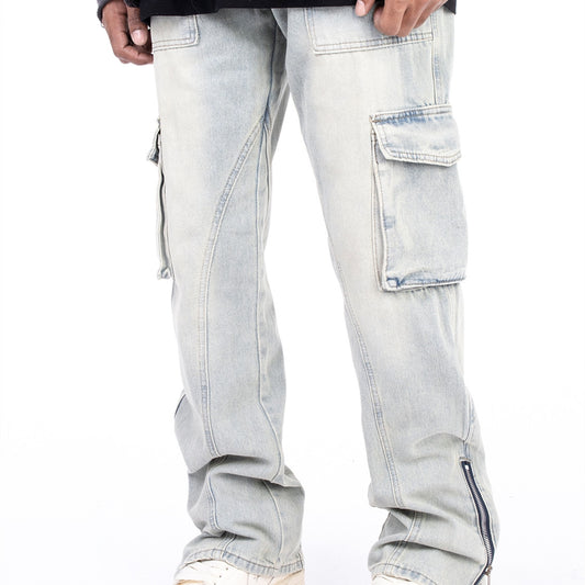 American Style Autumn And Winter Washed And Made Old Micro Elastic Jeans With Zipper Design At The Hem For Casual Pants