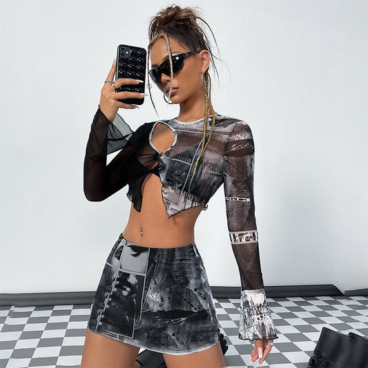 European And American Fashion Hollowed-out Ring Printed Mesh Top Hip Skirt Two-piece Set