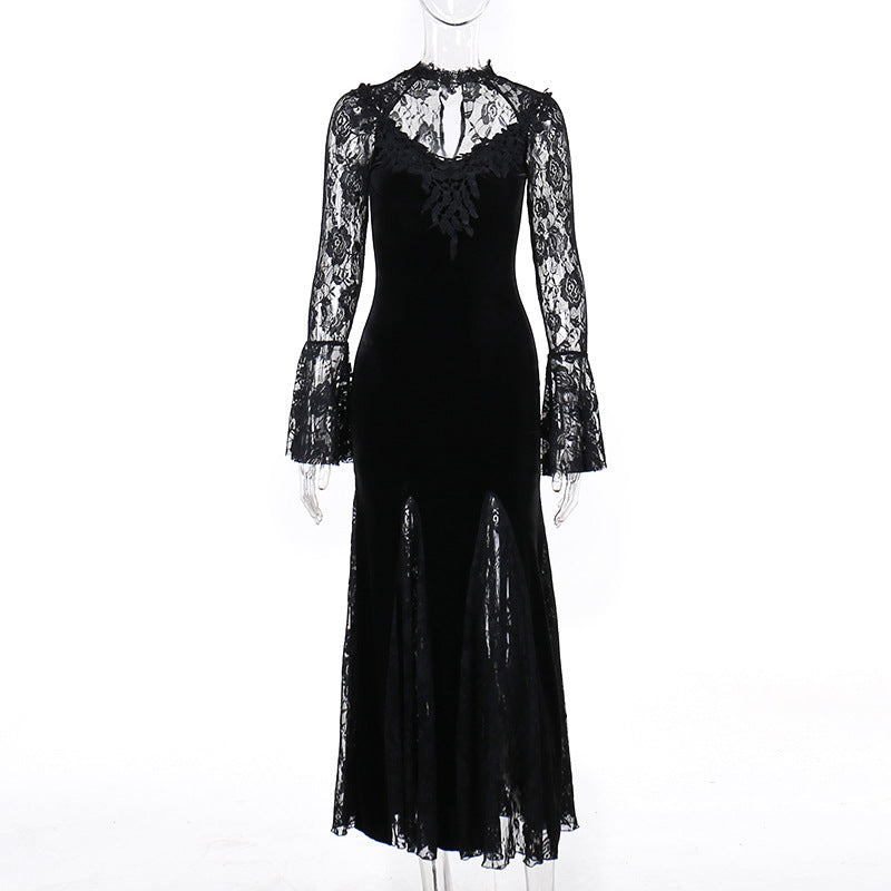 Elegant Sexy See-through Slim-fit Dark Lace Fishtail Long Sleeve Dress