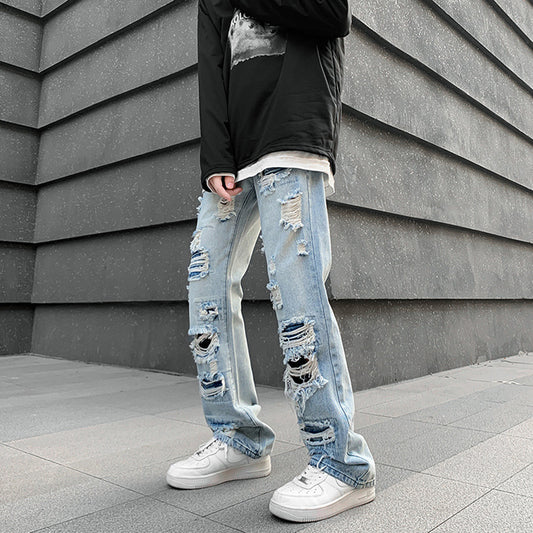 Men's Straight Irregular Trendy Ripped Jeans