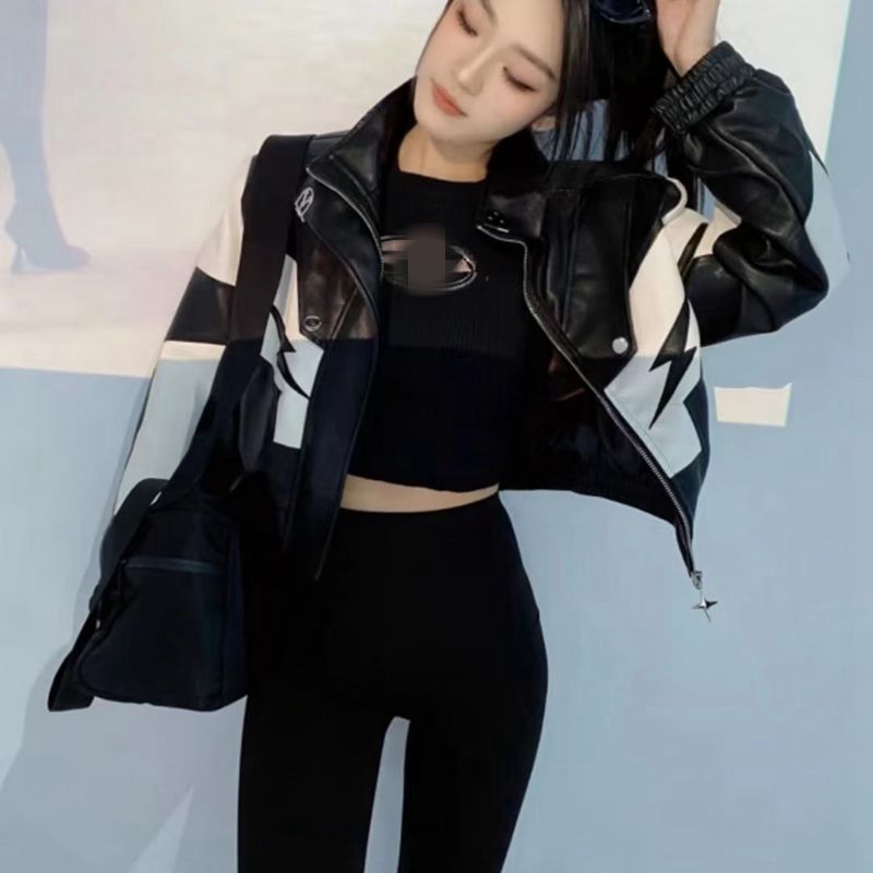 Women's Fashion Temperament Color Matching Leather Coat