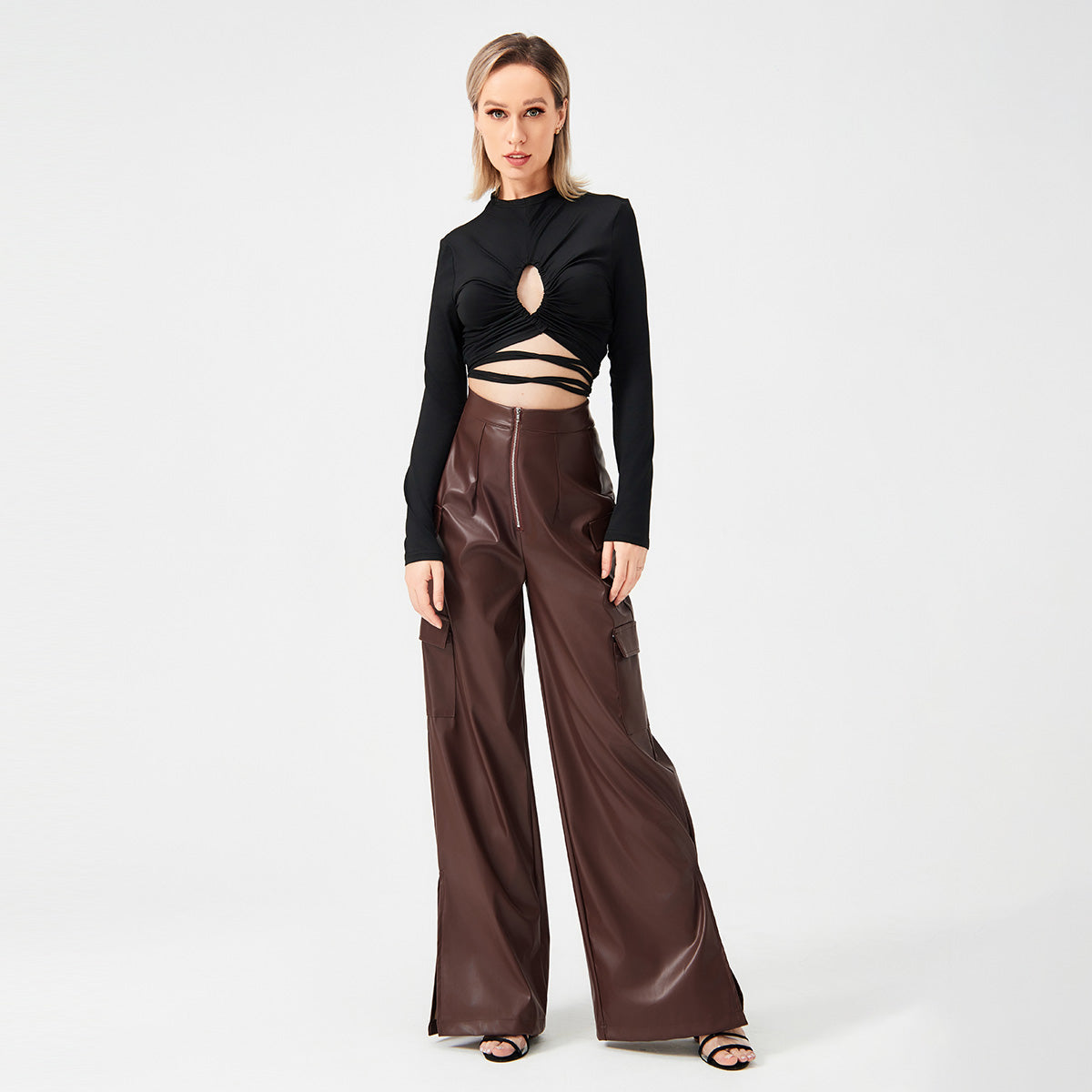 Fashion PU Trousers Metal Zipper Pocket Long Pants