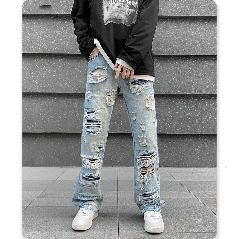 Men's Straight Irregular Trendy Ripped Jeans