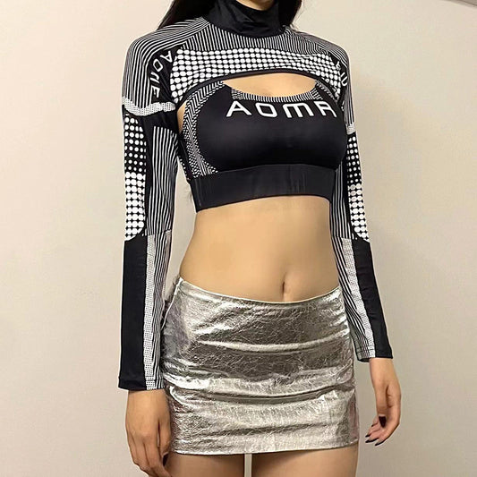 Car Line Print Blouse Short Top Hot Girl Outdoor Wear Personality Turtleneck Long Sleeve T-shirt Two-piece Set