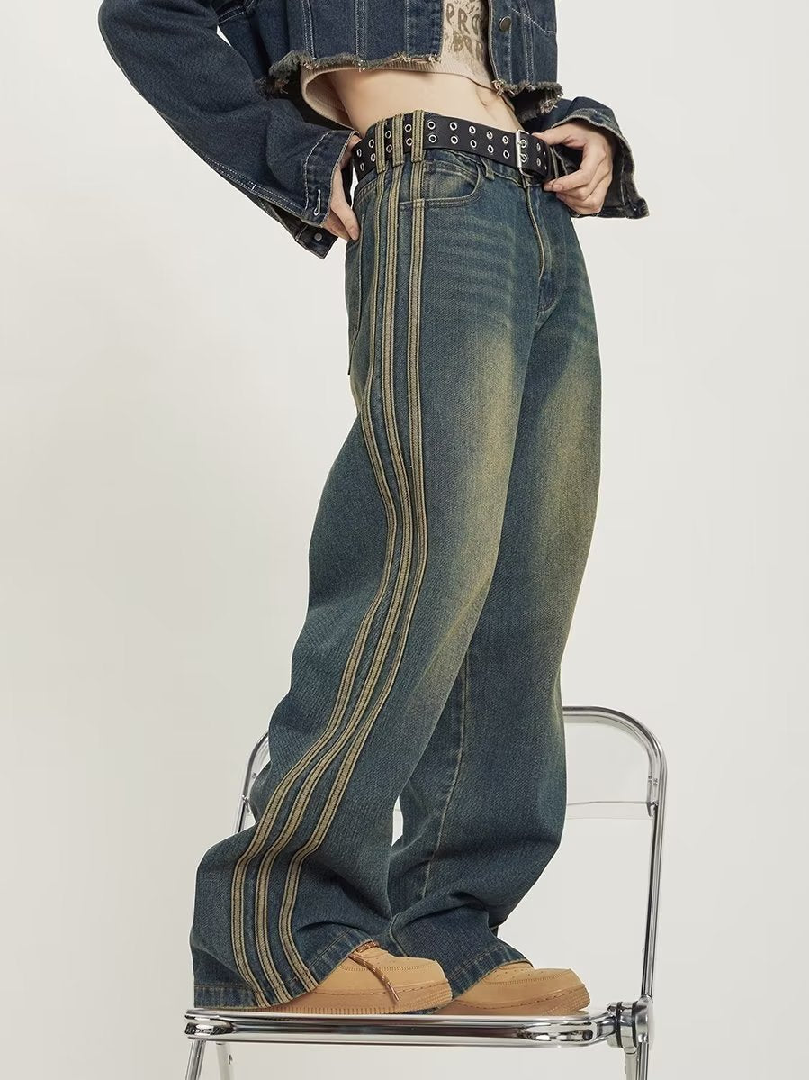 Men's American Style Retro Washed Side Stripes Denim Loose All-matching Trousers