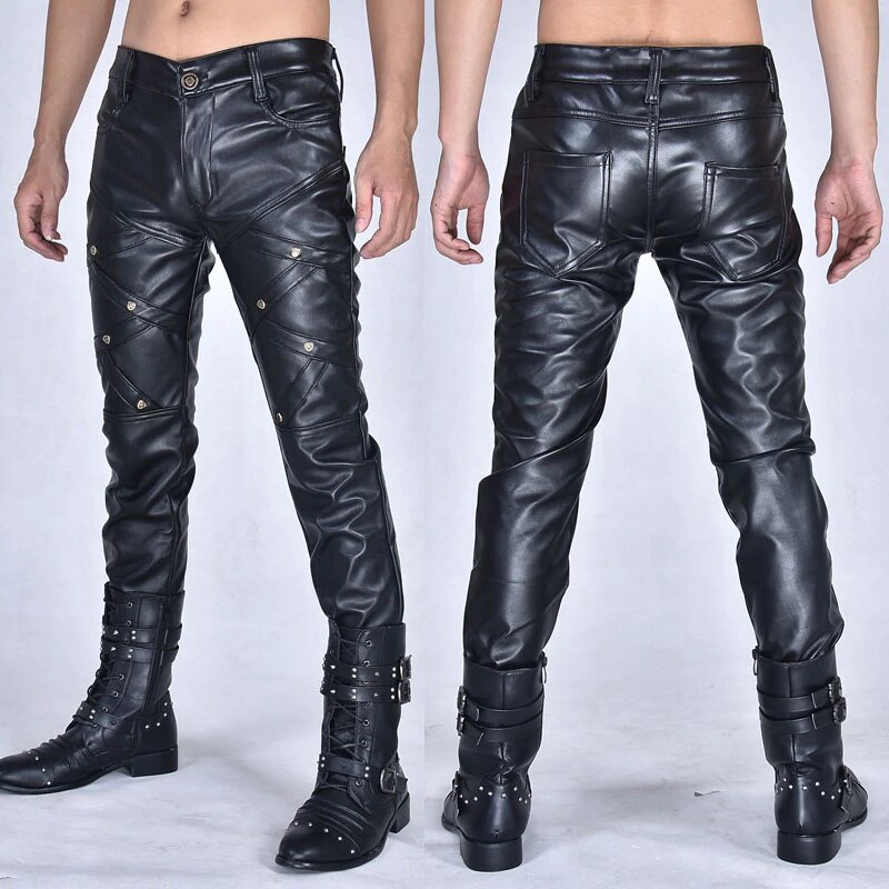 Men's Casual Autumn And Winter Men's Tight-fitting Zipper Stitching Leather Pants