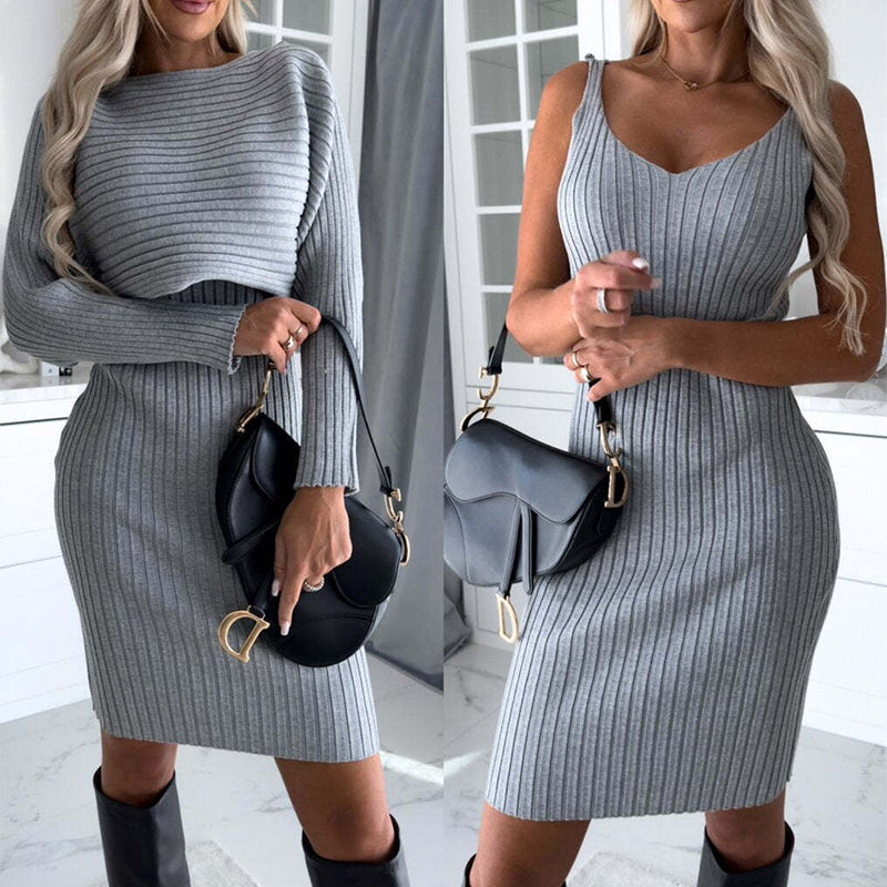 2pcs Suit Women's Solid Stripe Long-Sleeved + Top