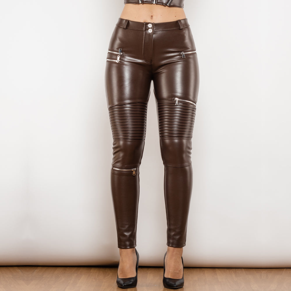 Brown Leather Pants Streetwear Skinny Stitching Multi-Zipper